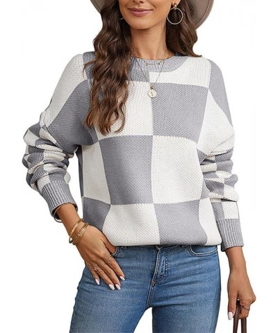 Women's Fashion Checkered Sweater Crewneck Long Sleeve Fall Knit Pullover Grey $15.84 Sweaters