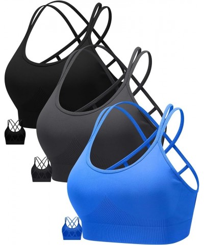 Sports Bra for Women,Padded Strappy Sports Bra with Removable Cups Medium Support Workout Yoga Gym Bra 3pack Black/Grey/Blue ...