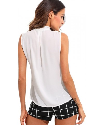 Women's Tie Bow Neck Sleeveless Chiffon Solid Blouse Top White $16.42 Blouses