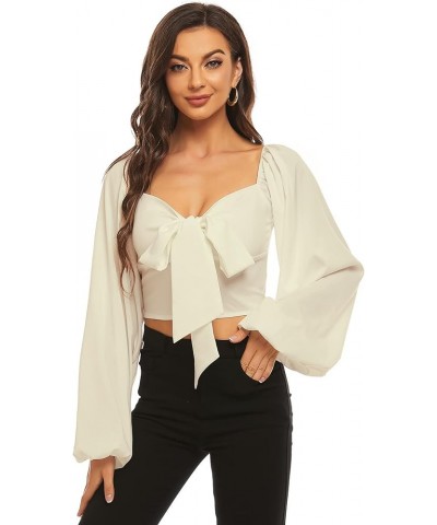 Women's Tie Knot Front Shirred Back Lantern Long Sleeve Crop Blouse Tee Top Beige $15.68 Blouses