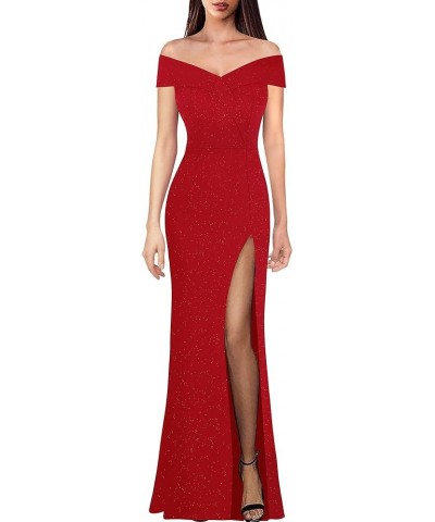 Womens Off Shoulder High Slit Formal Evening Wedding Guest Maxi Long Dress Shiny Red $27.30 Dresses