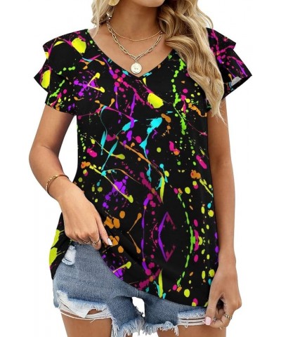 Glow in Dark Splatter Neon Womens Tops,Plus Size Summer Tops, V Neck Shirts,Ruffle Short Sleeve Blouses,Tunic Tops Glow in Da...