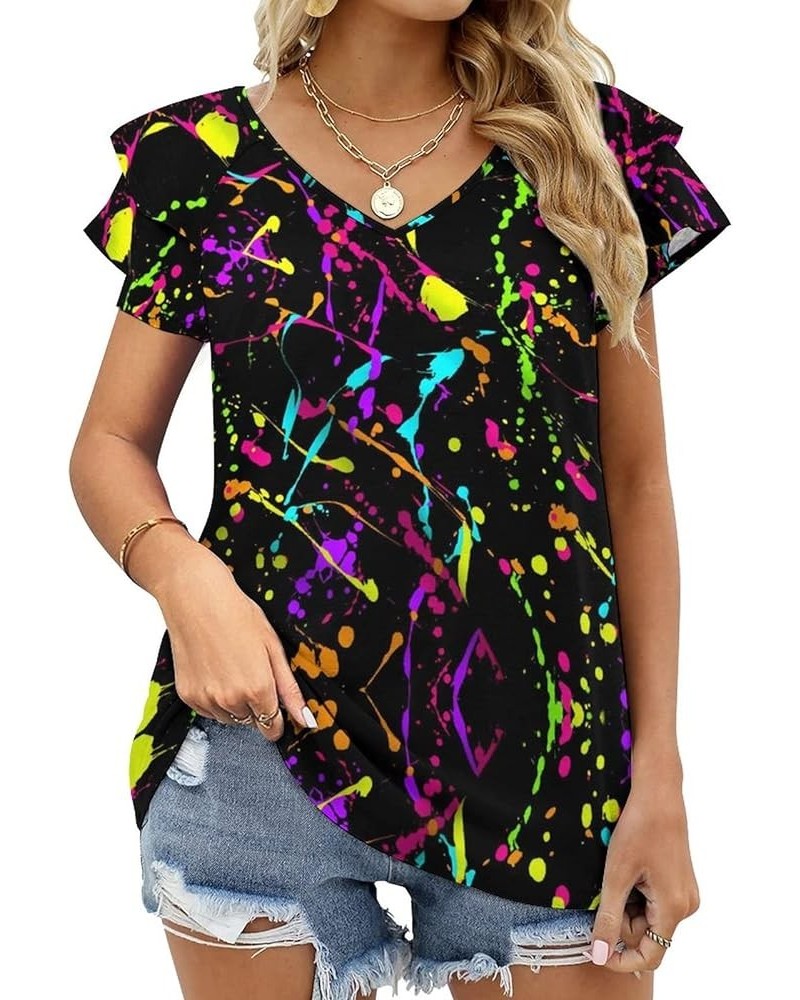 Glow in Dark Splatter Neon Womens Tops,Plus Size Summer Tops, V Neck Shirts,Ruffle Short Sleeve Blouses,Tunic Tops Glow in Da...