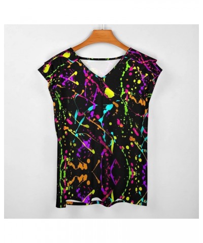 Glow in Dark Splatter Neon Womens Tops,Plus Size Summer Tops, V Neck Shirts,Ruffle Short Sleeve Blouses,Tunic Tops Glow in Da...