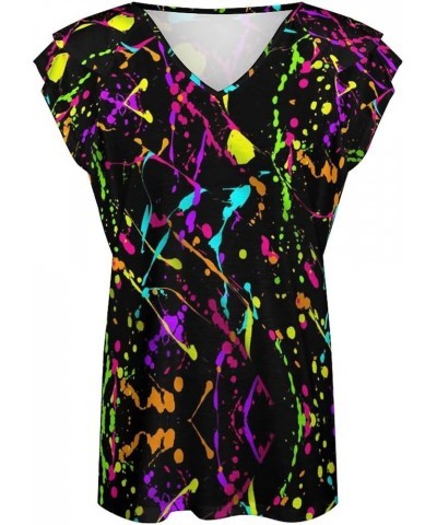 Glow in Dark Splatter Neon Womens Tops,Plus Size Summer Tops, V Neck Shirts,Ruffle Short Sleeve Blouses,Tunic Tops Glow in Da...