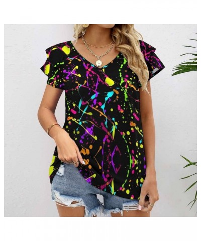 Glow in Dark Splatter Neon Womens Tops,Plus Size Summer Tops, V Neck Shirts,Ruffle Short Sleeve Blouses,Tunic Tops Glow in Da...