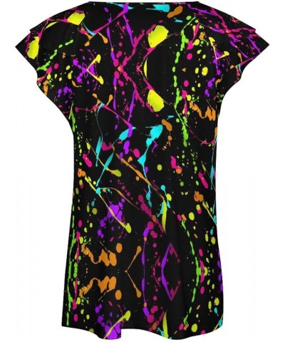 Glow in Dark Splatter Neon Womens Tops,Plus Size Summer Tops, V Neck Shirts,Ruffle Short Sleeve Blouses,Tunic Tops Glow in Da...