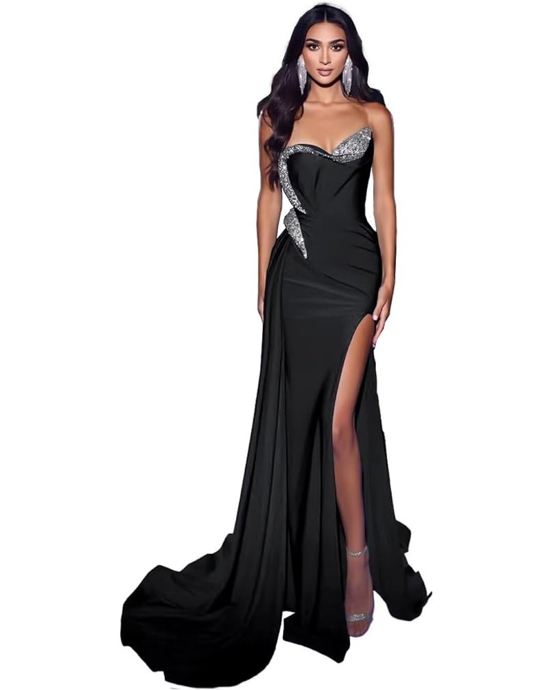 Sequin Beaded Mermaid Prom Dresses 2023 Long Satin Sweetheart Slit Formal Evening Party Gowns for Wedding with Train Black $4...