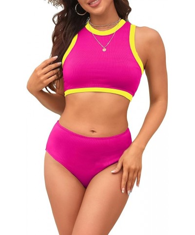 Women High Waisted 2 Piece Bikini Ribbed Sports Tank Swimsuit Teens High Neck Racerback Bathing Suit Pink Bikini $16.95 Swims...