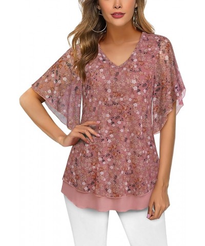 Blouses for Women Dressy Casual,Double Layers Mesh Elegant Summer Blouses,Short Sleeve V Neck Women's Tunic Tops Pink Floral ...