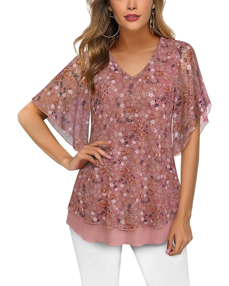 Blouses for Women Dressy Casual,Double Layers Mesh Elegant Summer Blouses,Short Sleeve V Neck Women's Tunic Tops Pink Floral ...