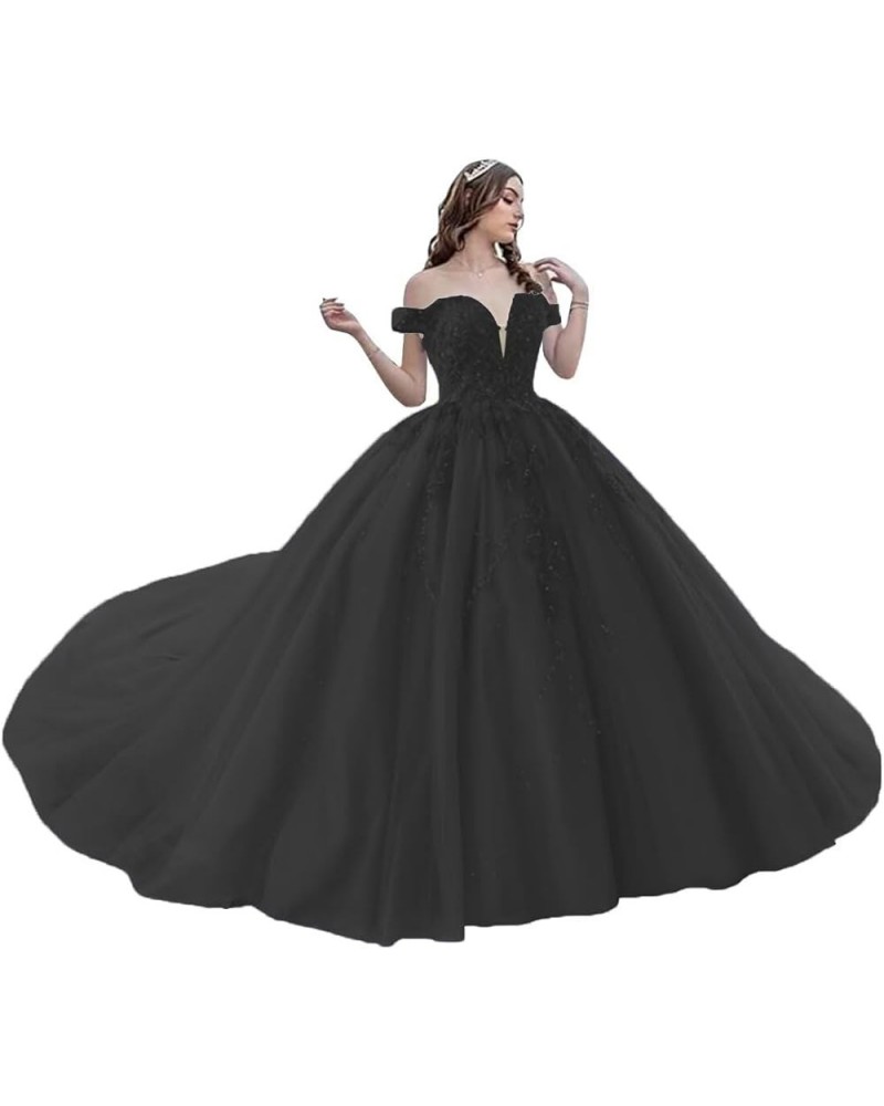 Sparkly Tulle Quinceanera Dresses Ball Gown Puffy Lace Sweet 16 Dresses Off Shoulder Prom Dress Y118 Black $54.25 Dresses