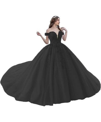 Sparkly Tulle Quinceanera Dresses Ball Gown Puffy Lace Sweet 16 Dresses Off Shoulder Prom Dress Y118 Black $54.25 Dresses