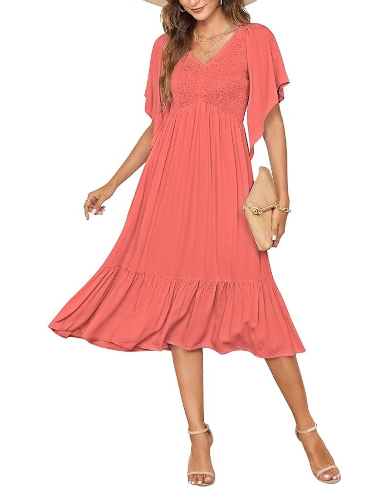 Women's Summer Empire Waist Dress Smocked Flutter Short Sleeve V Neck Midi Dresses Watermelon $22.79 Dresses