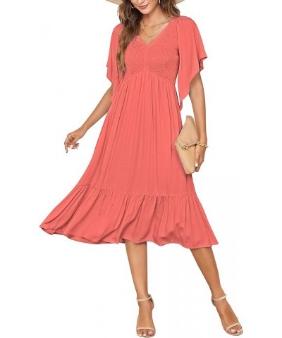 Women's Summer Empire Waist Dress Smocked Flutter Short Sleeve V Neck Midi Dresses Watermelon $22.79 Dresses