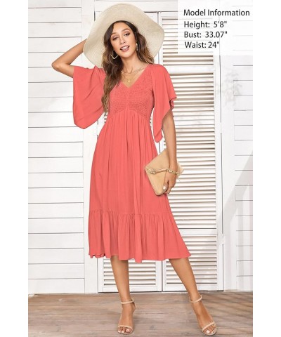 Women's Summer Empire Waist Dress Smocked Flutter Short Sleeve V Neck Midi Dresses Watermelon $22.79 Dresses