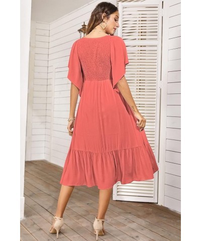 Women's Summer Empire Waist Dress Smocked Flutter Short Sleeve V Neck Midi Dresses Watermelon $22.79 Dresses