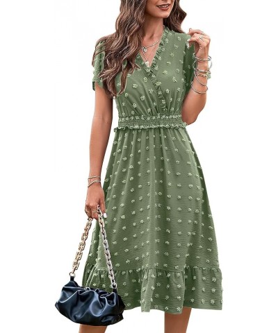 Elegant Short Sleeve V Neck Swiss Dot Midi Summer Dresses for Women 2023 Boho Ruffle Long Dresses Ruffle Cocktail Dress Solid...