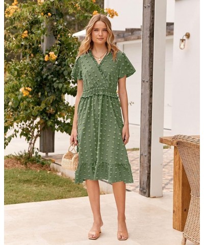 Elegant Short Sleeve V Neck Swiss Dot Midi Summer Dresses for Women 2023 Boho Ruffle Long Dresses Ruffle Cocktail Dress Solid...