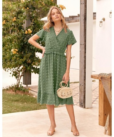 Elegant Short Sleeve V Neck Swiss Dot Midi Summer Dresses for Women 2023 Boho Ruffle Long Dresses Ruffle Cocktail Dress Solid...