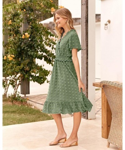 Elegant Short Sleeve V Neck Swiss Dot Midi Summer Dresses for Women 2023 Boho Ruffle Long Dresses Ruffle Cocktail Dress Solid...