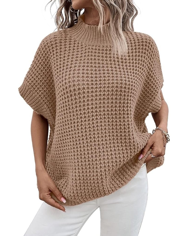 Womens Oversized Short Batwing Sleeve Mock Neck Sweater Vest Fall Sleeveless Pullover Knit Sweaters Khaki $14.49 Sweaters