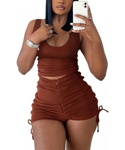 Womens Two Piece Outfits Summer 2023 Sexy Cute Ribbed Crop Top Drawstring Ruched Short Workout Sets 001-brown $19.59 Jumpsuits