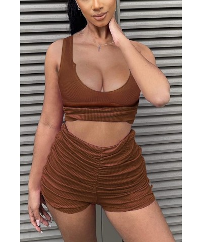 Womens Two Piece Outfits Summer 2023 Sexy Cute Ribbed Crop Top Drawstring Ruched Short Workout Sets 001-brown $19.59 Jumpsuits