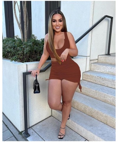 Womens Two Piece Outfits Summer 2023 Sexy Cute Ribbed Crop Top Drawstring Ruched Short Workout Sets 001-brown $19.59 Jumpsuits