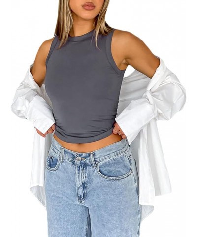 Women's Y2k Sleeveless Vest Top Solid Color Crewneck Wrapped Racer Back Tank Crop Top Casual Party Streetwear A Grey $7.66 Tanks