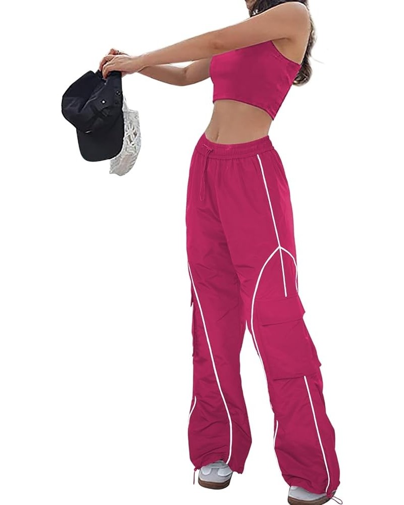 Parachute Pants for Women Y2K Baggy Cargo Pants with Pockets Trendy Wide Leg Trousers Hot Pink $12.41 Pants