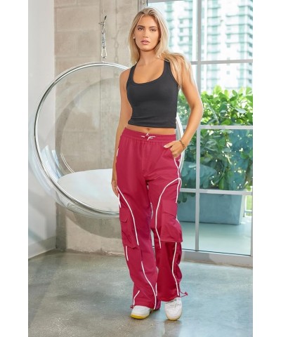 Parachute Pants for Women Y2K Baggy Cargo Pants with Pockets Trendy Wide Leg Trousers Hot Pink $12.41 Pants