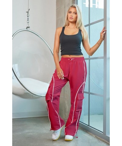 Parachute Pants for Women Y2K Baggy Cargo Pants with Pockets Trendy Wide Leg Trousers Hot Pink $12.41 Pants