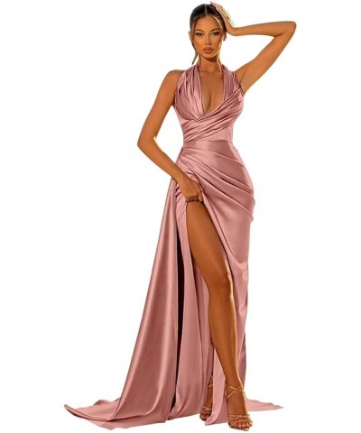 Halter Mermaid Satin Prom Dress 2024 Ruched Bridesmaid Dresses Formal Gowns with Slit Dusty Rose $29.25 Dresses