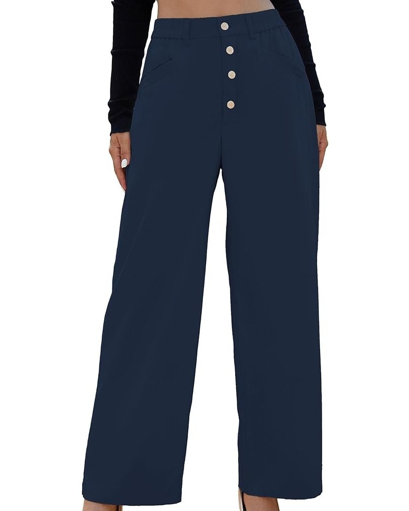 Women's High Waist Pants Wide Leg Baggy Casual Button Down Loose Comfy Lounge Trousers with Pockets Navy $16.31 Pants