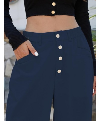 Women's High Waist Pants Wide Leg Baggy Casual Button Down Loose Comfy Lounge Trousers with Pockets Navy $16.31 Pants