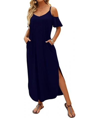 Women's Spaghetti Strap Maxi Dress V Neck Cold Shoulder Side Slit Long Dresses with Pockets A-navy $12.00 Dresses