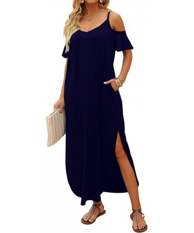 Women's Spaghetti Strap Maxi Dress V Neck Cold Shoulder Side Slit Long Dresses with Pockets A-navy $12.00 Dresses