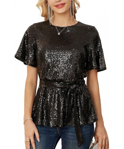 Women Sequin Party Cocktails Tops Short Sleeve Crew Neck Elastic Tie Waist Peplum Blouses Black $30.77 Blouses