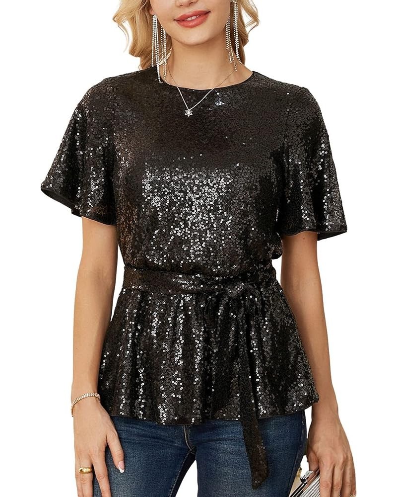 Women Sequin Party Cocktails Tops Short Sleeve Crew Neck Elastic Tie Waist Peplum Blouses Black $30.77 Blouses