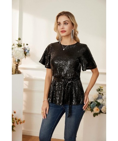 Women Sequin Party Cocktails Tops Short Sleeve Crew Neck Elastic Tie Waist Peplum Blouses Black $30.77 Blouses