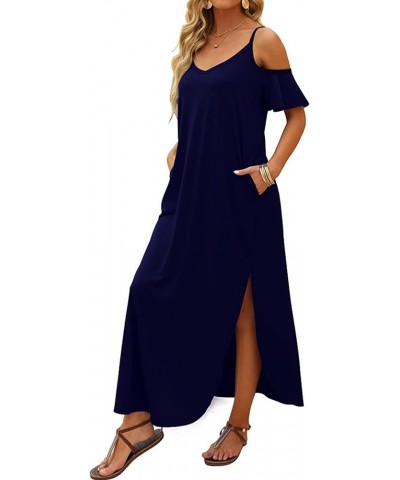 Women's Spaghetti Strap Maxi Dress V Neck Cold Shoulder Side Slit Long Dresses with Pockets A-navy $12.00 Dresses