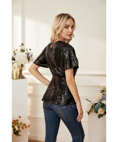 Women Sequin Party Cocktails Tops Short Sleeve Crew Neck Elastic Tie Waist Peplum Blouses Black $30.77 Blouses