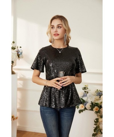 Women Sequin Party Cocktails Tops Short Sleeve Crew Neck Elastic Tie Waist Peplum Blouses Black $30.77 Blouses