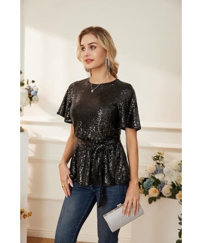 Women Sequin Party Cocktails Tops Short Sleeve Crew Neck Elastic Tie Waist Peplum Blouses Black $30.77 Blouses