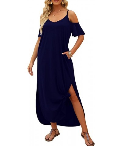 Women's Spaghetti Strap Maxi Dress V Neck Cold Shoulder Side Slit Long Dresses with Pockets A-navy $12.00 Dresses