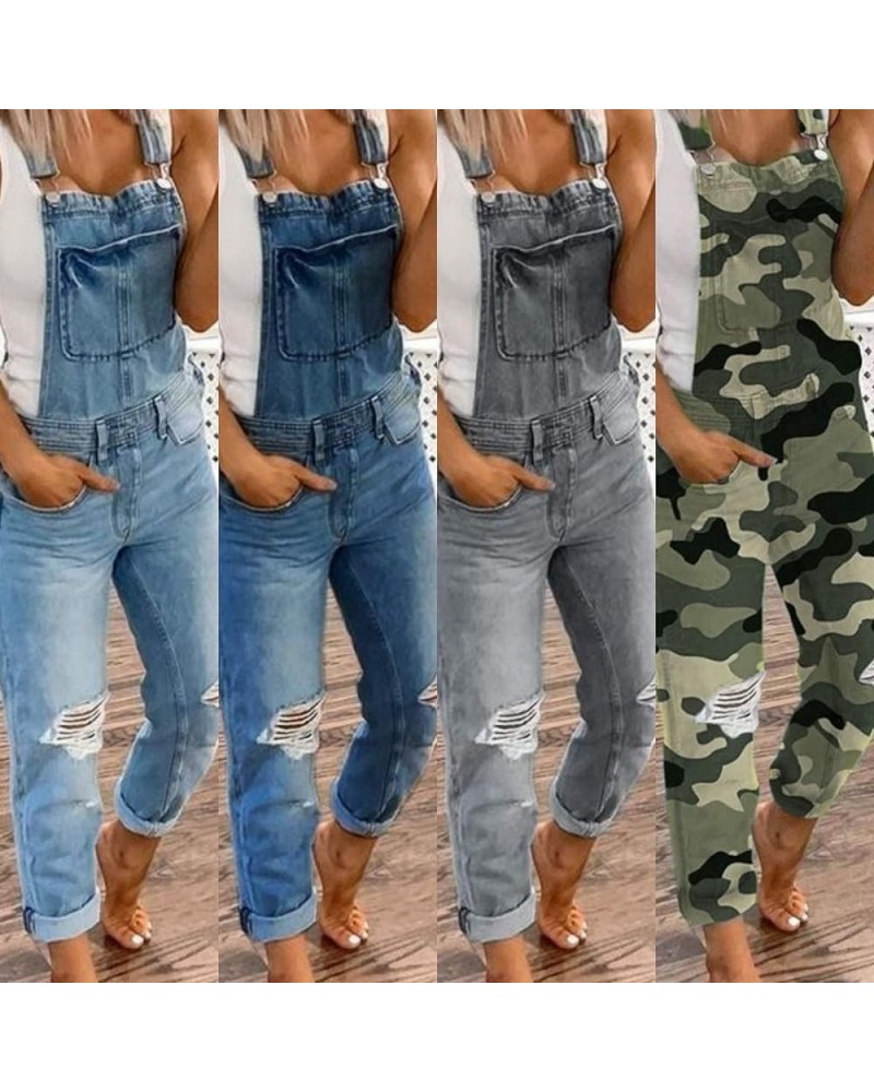 Women's Ripped Denim Bib Overalls Adjustable Straps Pockets Jean Rompers Casual Distressed Jeans Fit Jumpsuits Large Blue $13...