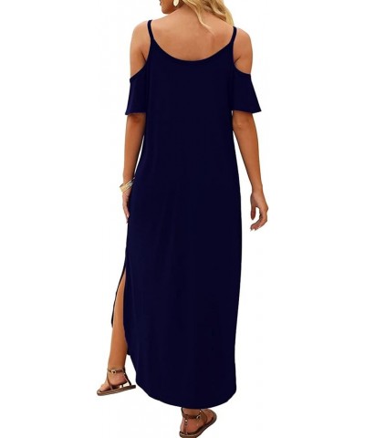 Women's Spaghetti Strap Maxi Dress V Neck Cold Shoulder Side Slit Long Dresses with Pockets A-navy $12.00 Dresses