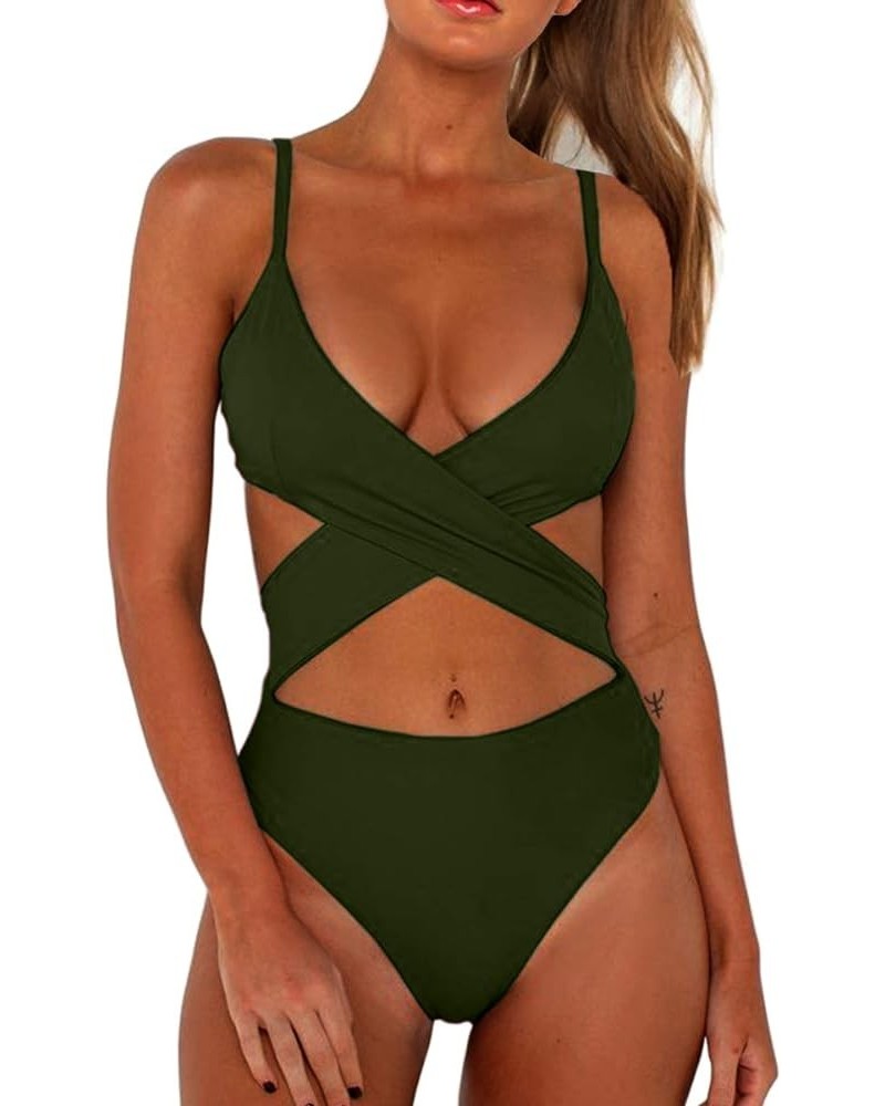 Women's Sexy Criss Cross High Waisted Cut Out One Piece Monokini Swimsuit Army Green $16.10 Swimsuits