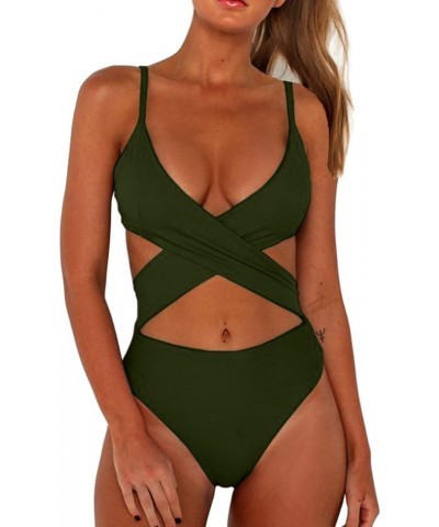 Women's Sexy Criss Cross High Waisted Cut Out One Piece Monokini Swimsuit Army Green $16.10 Swimsuits